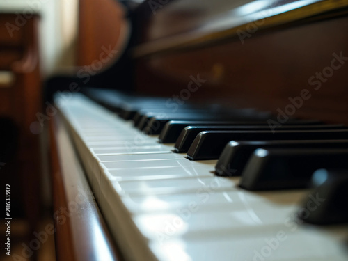 A close-up shot of a grand piano's black and white keys, with a soft focus on the surrounding polished wood and the intricate details of the instrument.