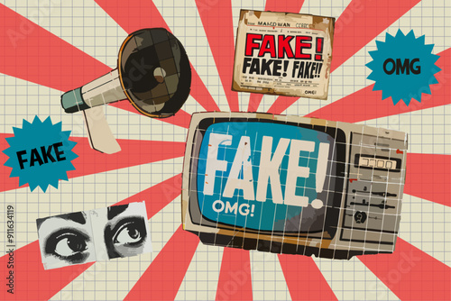 Fake news trendy vintage collage with TV, eyes, retro newspaper, loudspeaker with halftone effect. Retro pop style for banners, posters, social networks. 