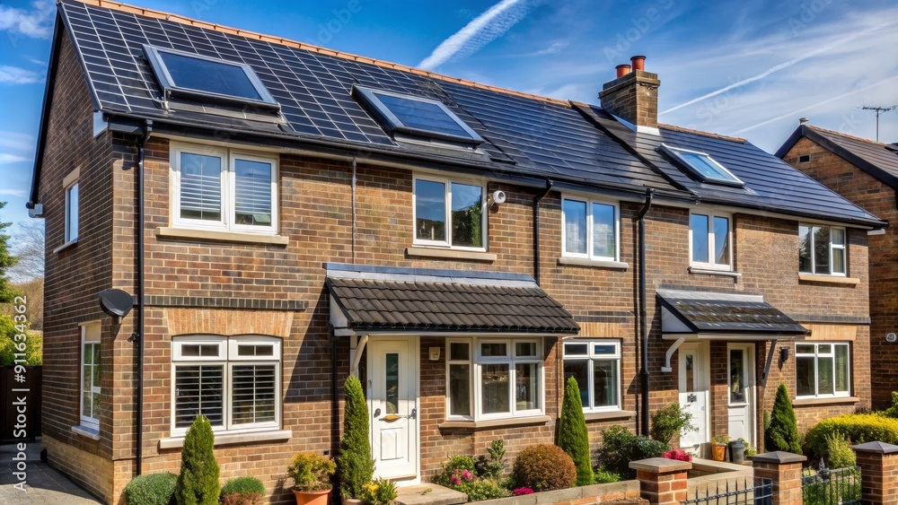 Solar Panel Roof on Brick Home, Front View, Sunlight, Energy Efficient, Roof, Brick, House