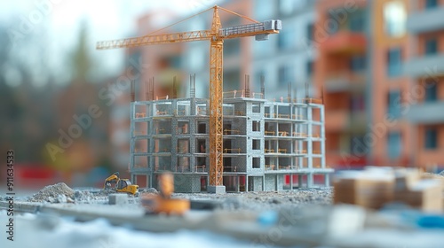 Construction site with a crane and an unfinished building against a blurred background of apartments and trees.