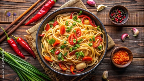 Spicy Noodles with Chili Peppers, Garlic and Tomatoes, Top Down View, Noodles, Garlic, Chili , Chilli photo