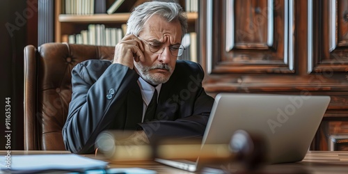 Sad legal judge person using laptop