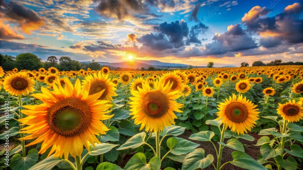 Fototapeta premium Sunflowers at Sunset, A Golden Field of Hope, Landscape Photography, Sunflowers, Sunset, Field , Nature