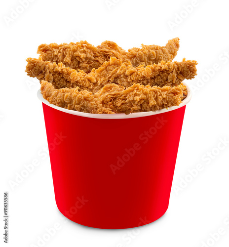 Fried Chicken hot crispy strips crunchy pieces of tenders in a Bucket - large Red box isolated in white background	
