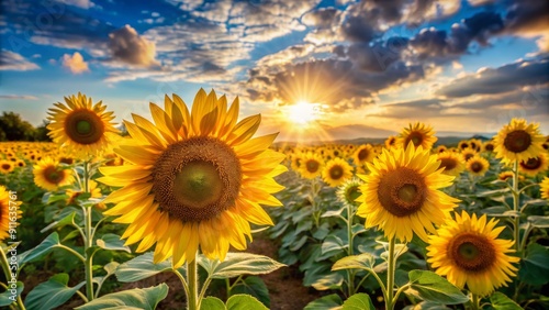 Wallpaper Mural Sunlit Sunflower Field at Sunset, Wide Shot, Golden Petals, Summer Bloom , sunflower , field , sunset Torontodigital.ca