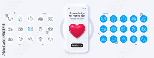 Phone mockup with 3d heart icon. Cardio calendar, Fishfinder and Winner line icons. Pack of Honor, Yoga, Sports arena icon. Arena stadium, Diet menu, Laureate medal pictogram. Vector