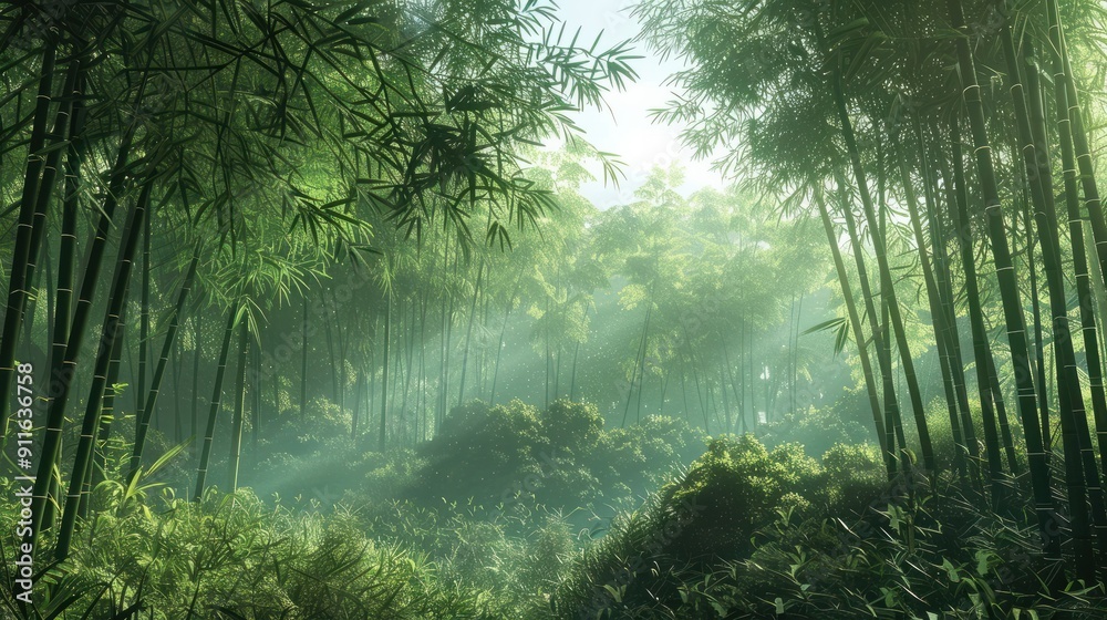 Tranquil sections of bamboo forest habitat in the natural woodland environment