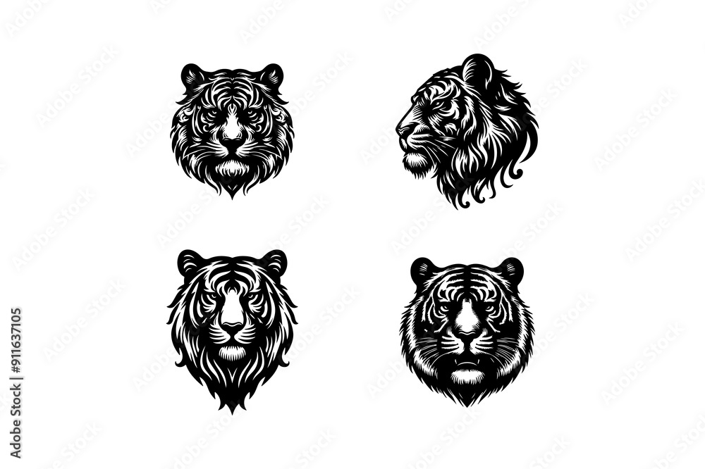 tiger head bundle silhouette vector art of illustration. tiger head bundle silhouette vector art of illustration.