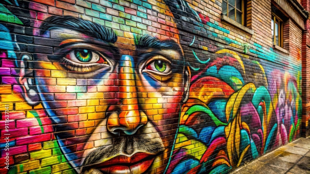 Fototapeta premium Urban Art - A Man's Face Painted on a Brick Wall, Street Art, Graffiti, Urban