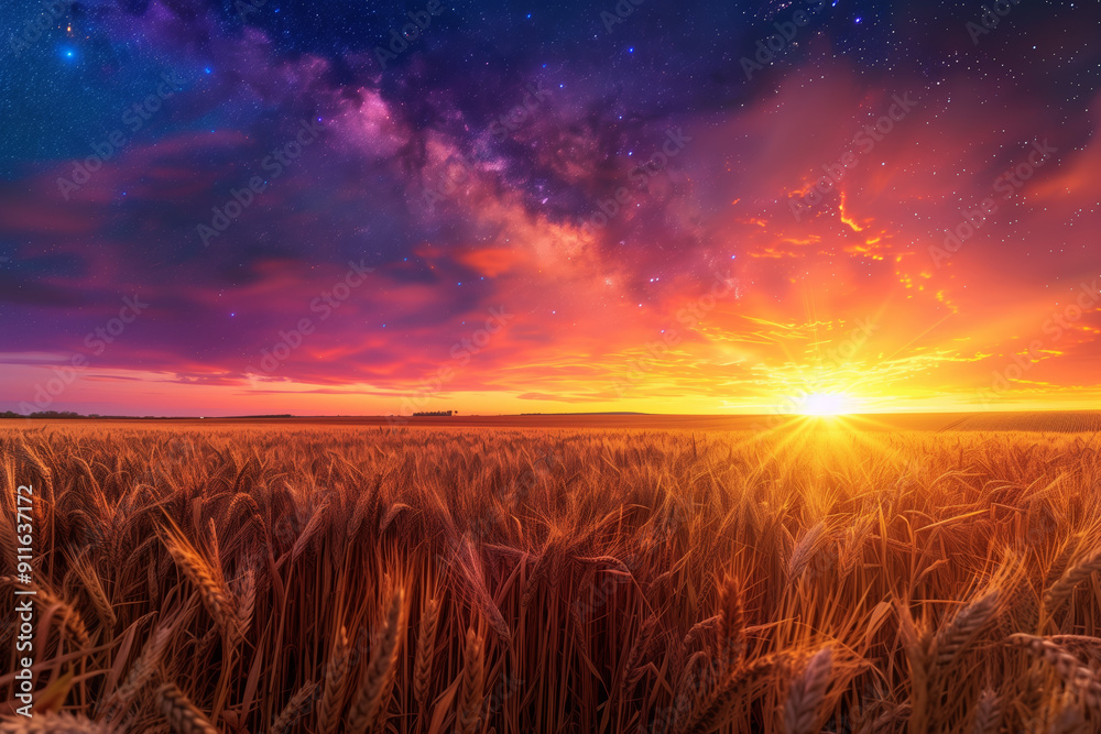 Obraz premium View of the vast wheat field under an enchanting starry sky.