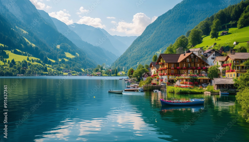 Fototapeta premium A charming village nestled between majestic mountains and a serene lake features traditional wooden houses with colorful flower boxes, bathed in warm summer sunlight.