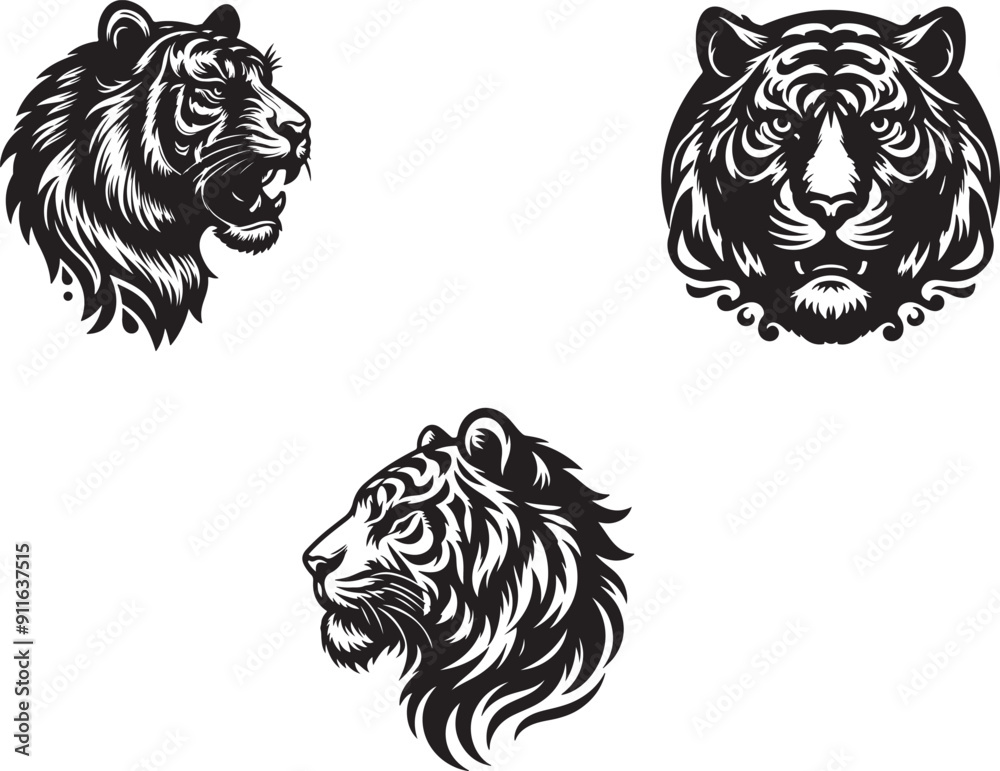 Obraz premium tiger head bundle silhouette vector art of illustration.
