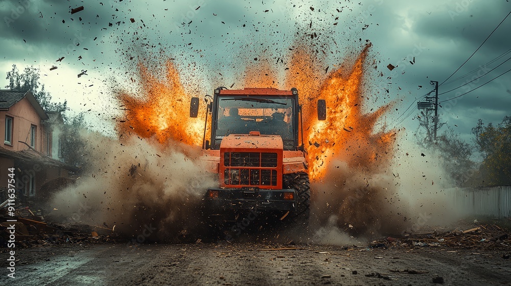 Exploding tractor on a rural street Exploding tractor on a rural street
