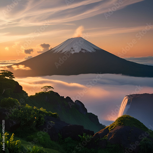 A sunrise view over the lush farming valley shrouded in early morning fog and the forested hillside beyond with the snow capped peaks of the Himalayas visible on the horizon. Taken from a high viewpoi photo