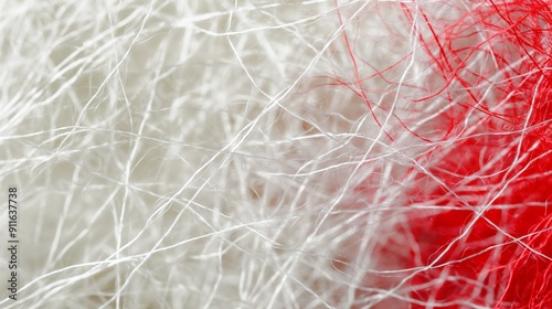 Close-up of intertwined white and red fibers creating a microcosmic texture