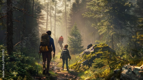 A family hiking through a forest. Generative AI.