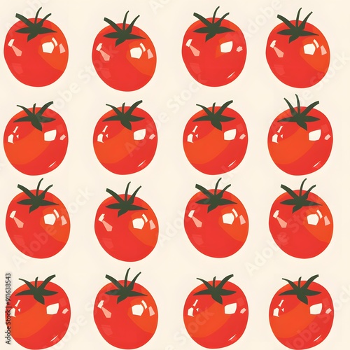 Colorful tomato pattern showcasing vibrant red tomatoes with green leaves.