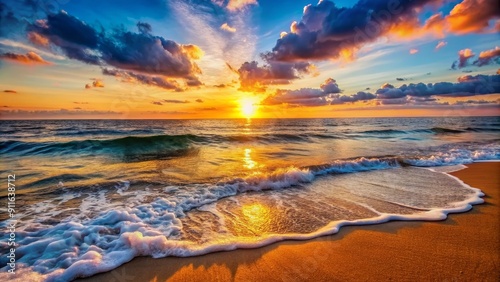 Golden Sunset Over Ocean Waves, Seascape, Beach, Nature, Photography