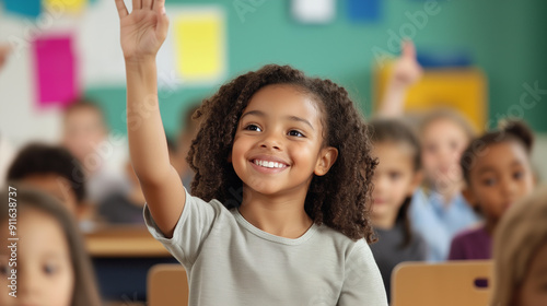 Students eagerly raising hands in a classroom, female teacher in background, education, engagement, school, learning