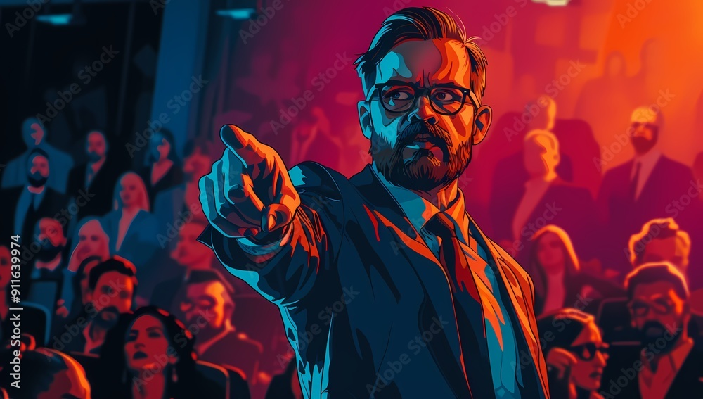 Fototapeta premium A charismatic speaker challenges an audience, surrounded by vibrant lighting. This dynamic scene reflects modern public speaking in corporate and creative spaces.