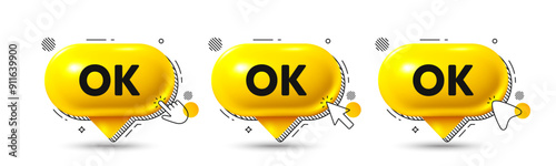 Chat speech bubble 3d icons. OK text tag. Approved okay message. Done or Good deal symbol. OK chat offer. Speech bubble banners. Text box balloon. Vector