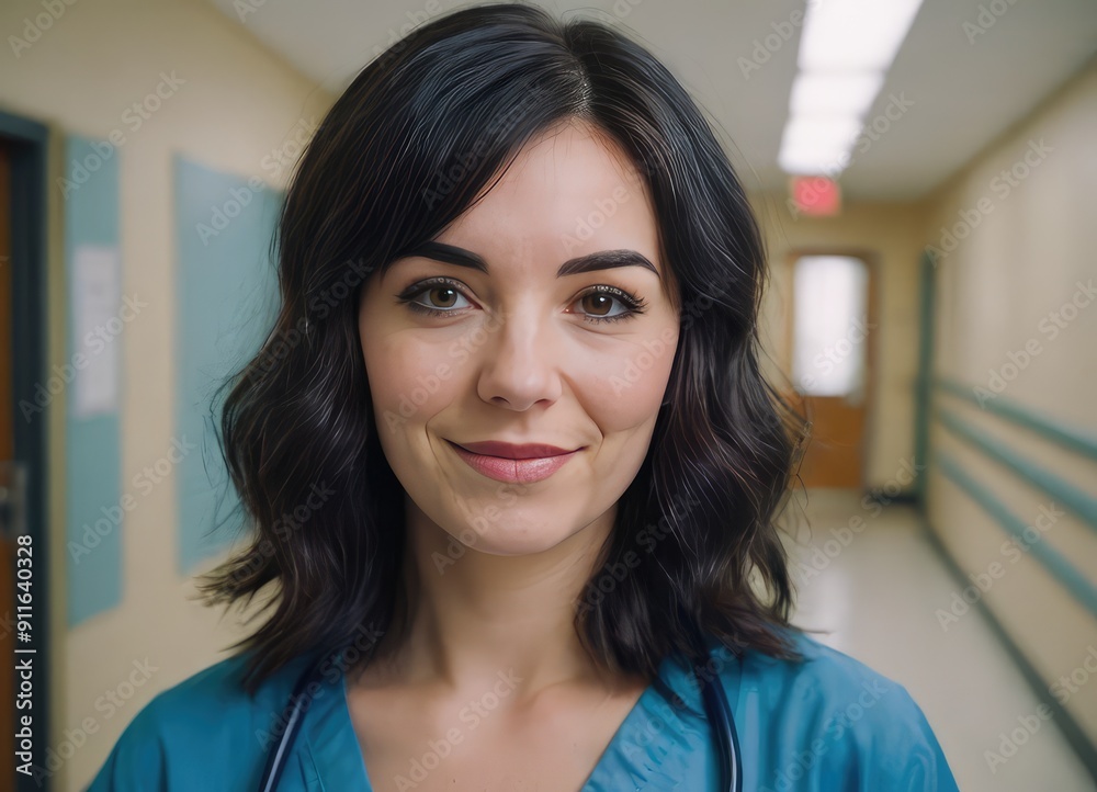 A Smiling Nurse in Scrubs at the Hospital, Providing Caring and Compassionate Assistance A Smiling Nurse in Scrubs at the Hospital, Providing Caring and Compassionate Assistance