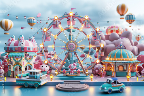 3D amusement park in soft blue and pink colors
