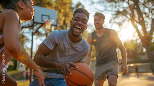 Group of friends playing a competitive game of basketball or soccer on a sunny day.