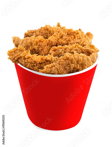 Fried Chicken hot crispy strips crunchy pieces of tenders in a Bucket - large Red box isolated in white background	
