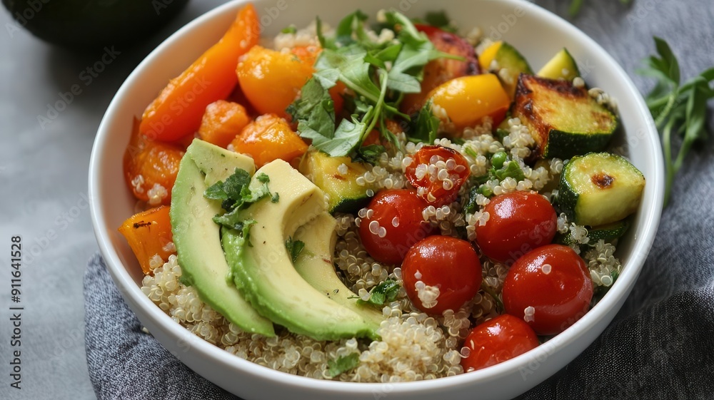 Bowl of quinoa salad with roasted vegetables and avocado, plantbased protein lunch, wholesome meal Bowl of quinoa salad with roasted vegetables and avocado, plantbased protein lunch, wholesome meal