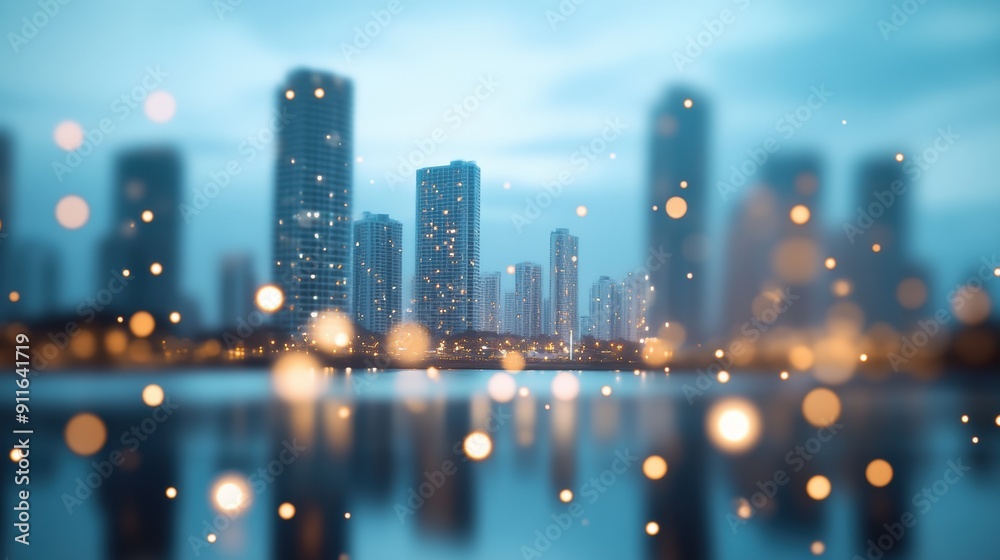 A cityscape with tall buildings adorned with festive lights, reflecting in the water, creating a magical ambiance. A cityscape with tall buildings adorned with festive lights, reflecting in the water, creating a magical ambiance.