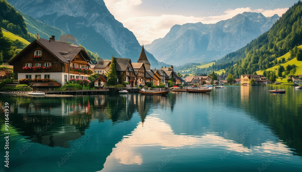 Fototapeta premium A charming village nestled between majestic mountains and a serene lake features traditional wooden houses with colorful flower boxes, bathed in warm summer sunlight.