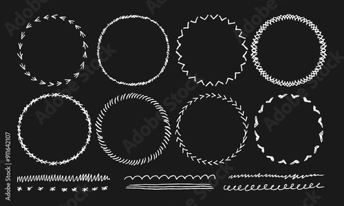 Eight round handwritten frames and six decorative stripes, underlines. White doodles, squiggles on a black background. Vector set