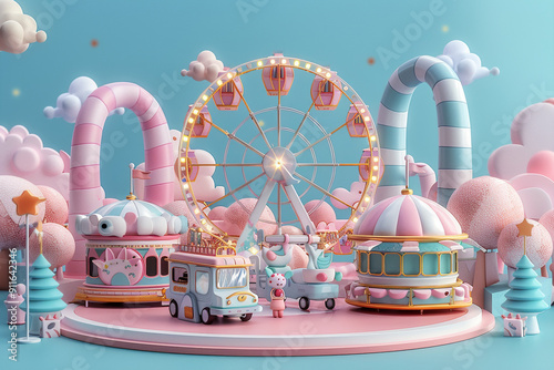 3D amusement park in soft blue and pink colors