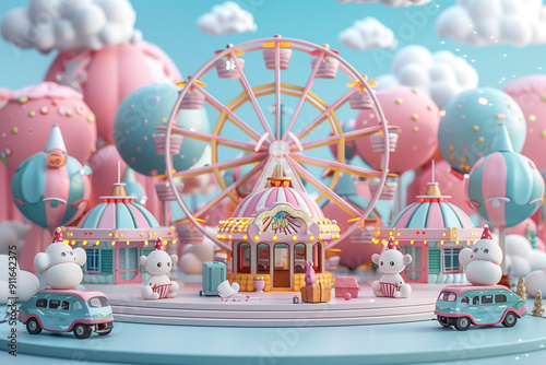 3D amusement park in soft blue and pink colors