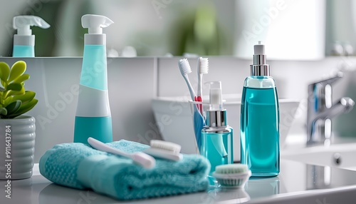 Various dental hygiene products such as dental floss, mouthwash, toothbrush, and toothpaste, arranged neatly on a bathroom counter