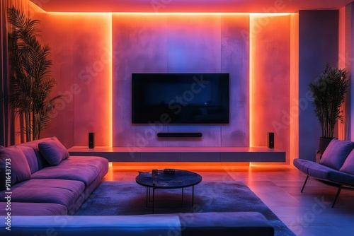 modern living room interior featuring oversized smart tv sleek furniture ambient lighting and minimalist decor create a luxurious atmosphere