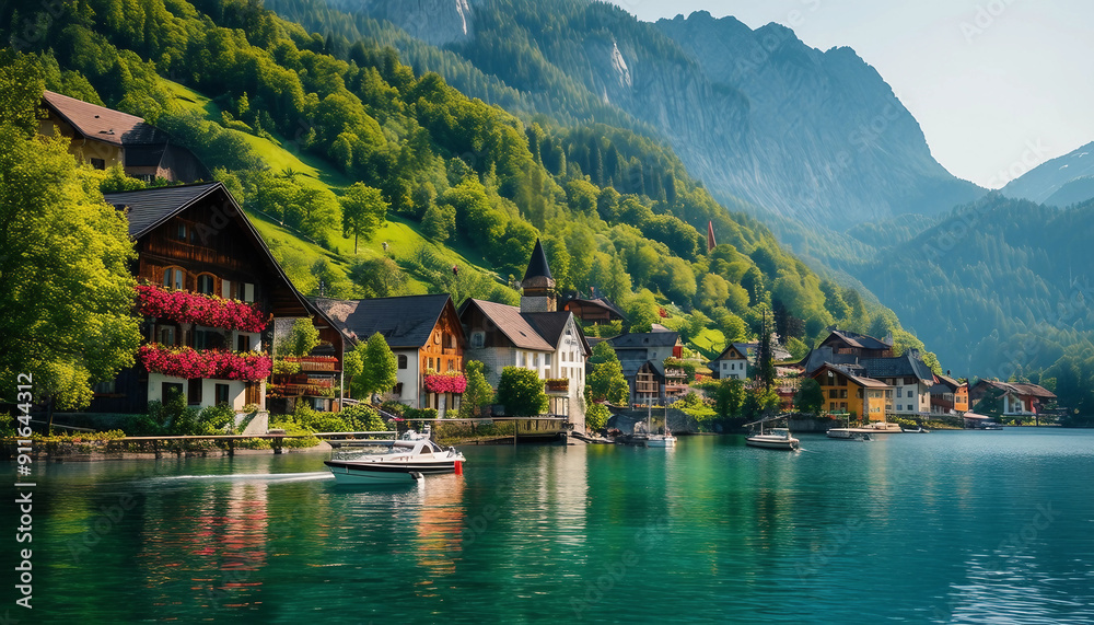 Fototapeta premium A charming village nestled between majestic mountains and a serene lake features traditional wooden houses with colorful flower boxes, bathed in warm summer sunlight.