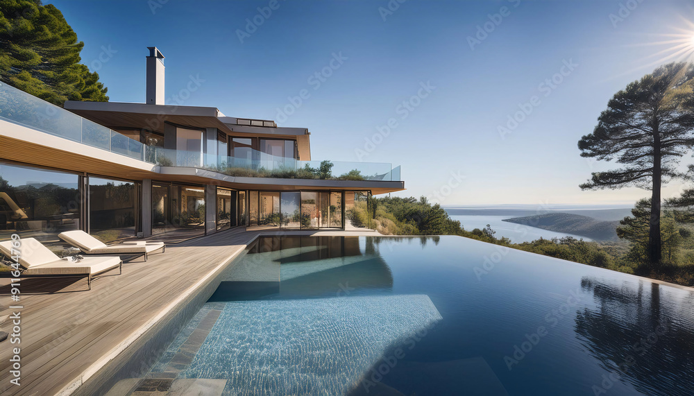 Fototapeta premium Luxurious cliffside villa with infinity pool overlooking a serene ocean