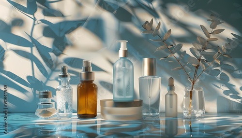 A collection of hydrating skincare products like serums and moisturizers arranged aesthetically on a clean surface with natural light highlighting their textures