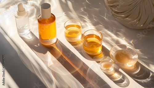A collection of hydrating skincare products like serums and moisturizers arranged aesthetically on a clean surface with natural light highlighting their textures