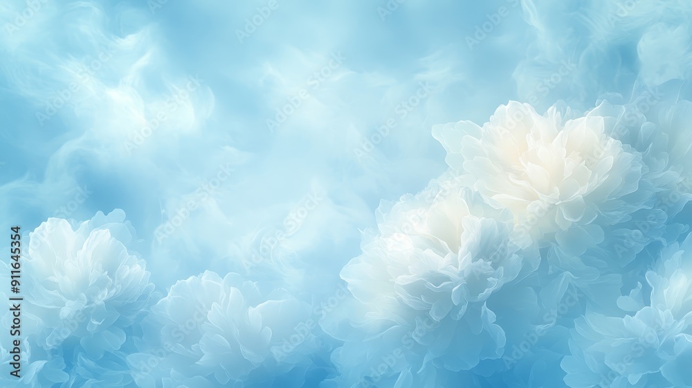 Abstract White Flowers on Misty Blue Background
