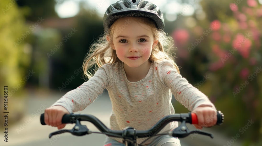 Obraz premium A young girl is riding a bike with a helmet on