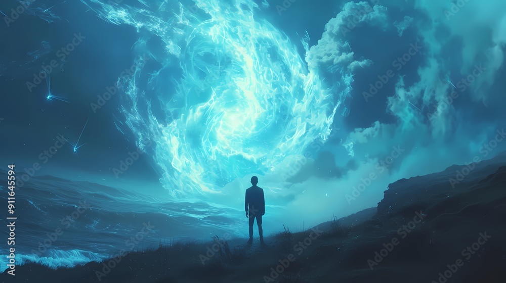 A solitary figure stands in awe of a mesmerizing cosmic swirl and dramatic clouds, evoking a sense of wonder and exploration in this surreal landscape. A solitary figure stands in awe of a mesmerizing cosmic swirl and dramatic clouds, evoking a sense of wonder and exploration in this surreal landscape.