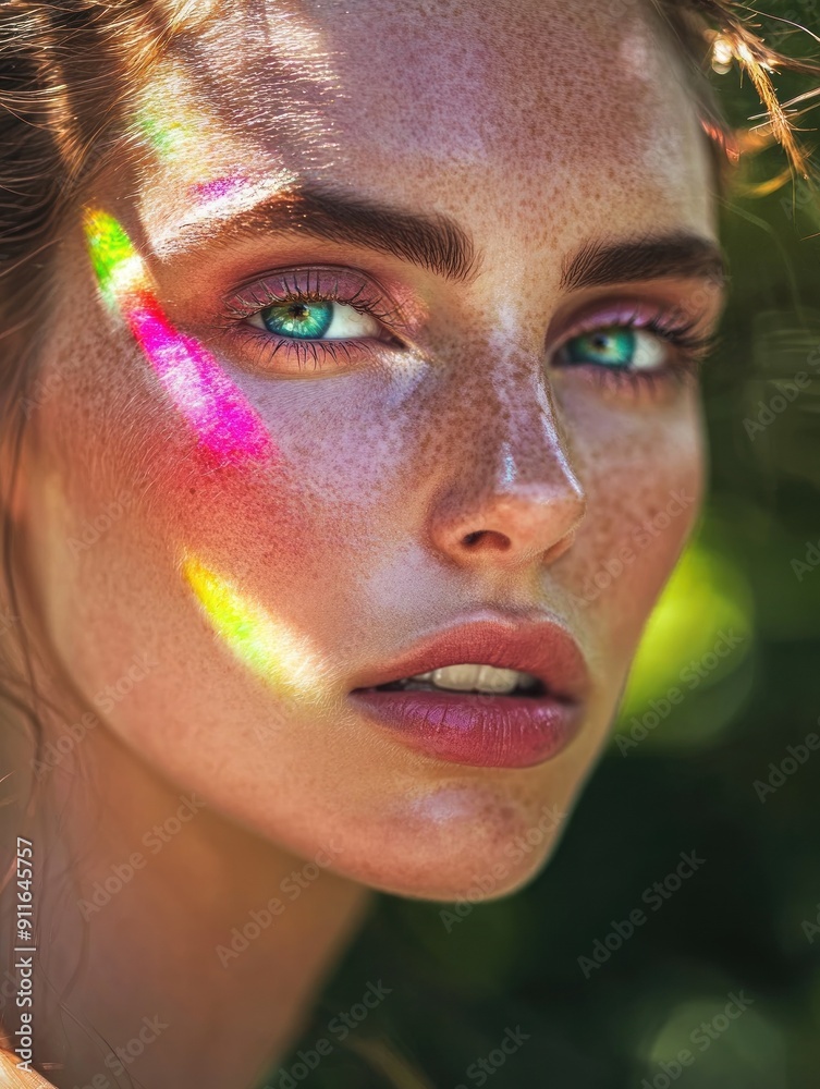 Close-up of woman's face with colorful light effects Close-up of woman's face with colorful light effects