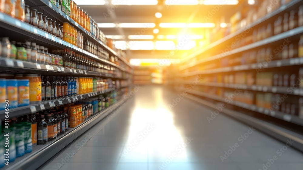 Sunlit Supermarket Aisle with Bottled Drinks Sunlit Supermarket Aisle with Bottled Drinks