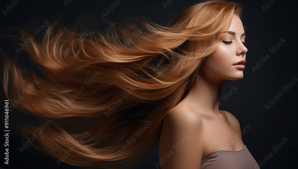 Beautiful woman with long shiny golden hair flowing in the wind, hair care concept Beautiful woman with long shiny golden hair flowing in the wind, hair care concept