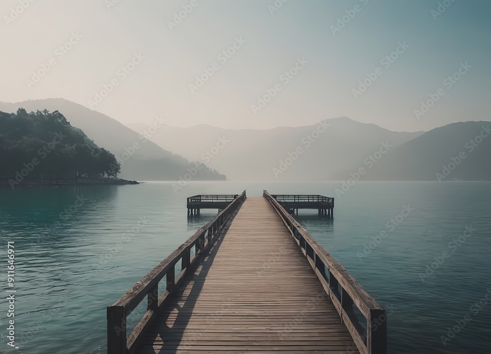 A Beautiful Serene Lake View Featuring a Wooden Pier Set Within a Misty Landscape Scene A Beautiful Serene Lake View Featuring a Wooden Pier Set Within a Misty Landscape Scene