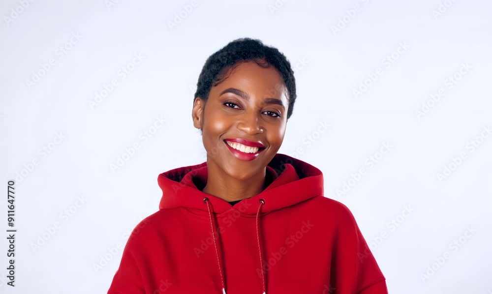 Portrait of a smiling young african american woman in red hoodie standing isolated over white background Portrait of a smiling young african american woman in red hoodie standing isolated over white background