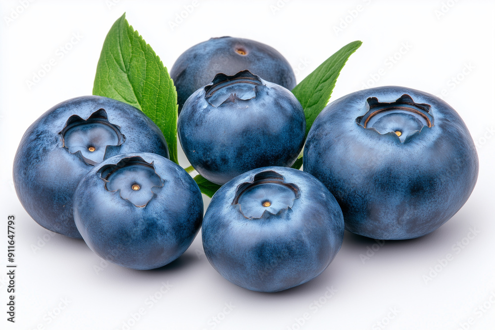 A bunch of blueberries with green leaves. The blueberries are small and round A bunch of blueberries with green leaves. The blueberries are small and round